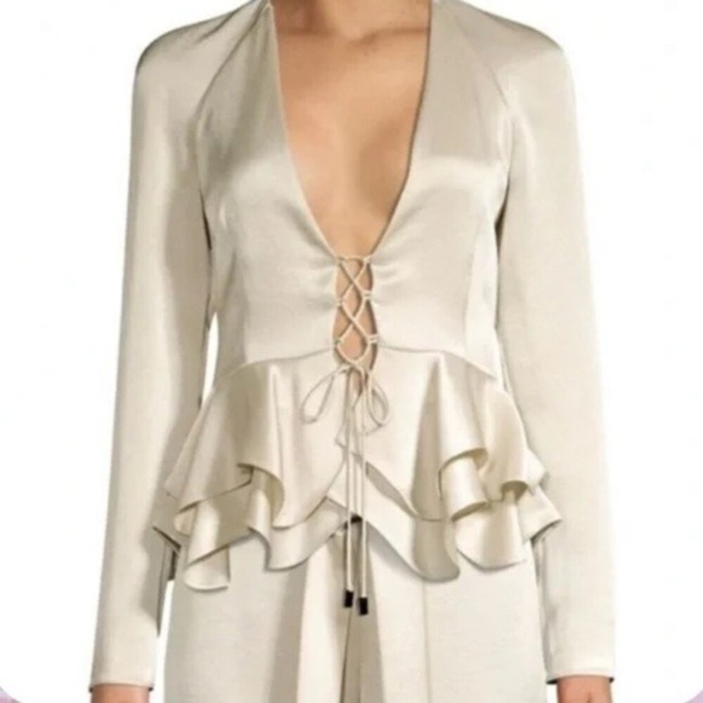 NWT ALEXIS Reagan Long-Sleeve Lace-Up Peplum Top silver satin Size XS women